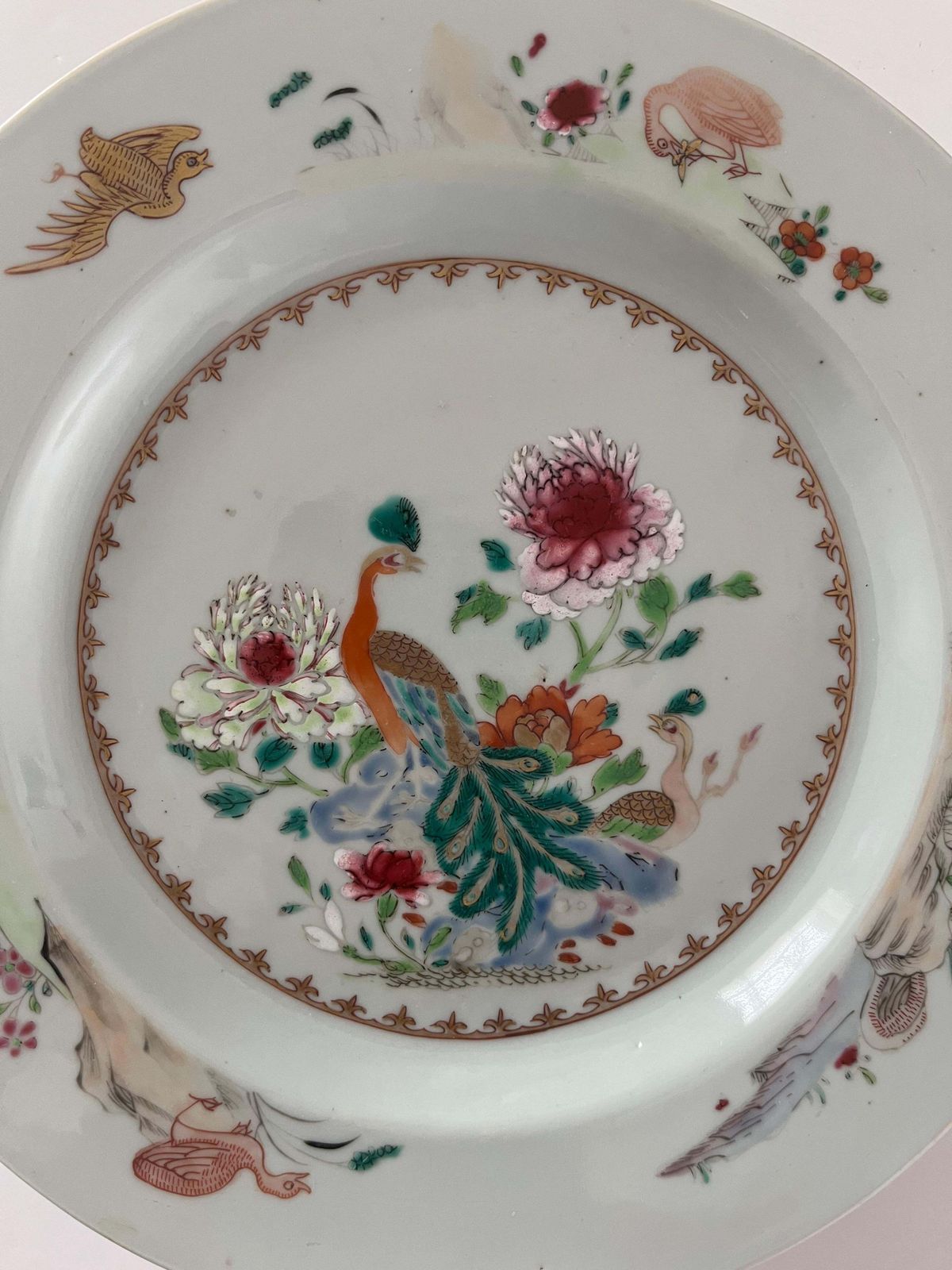 Hand Painted Chinese Porcelain Plate With Peacocks, Qing Yongzheng, Circa 1730 photo for sale