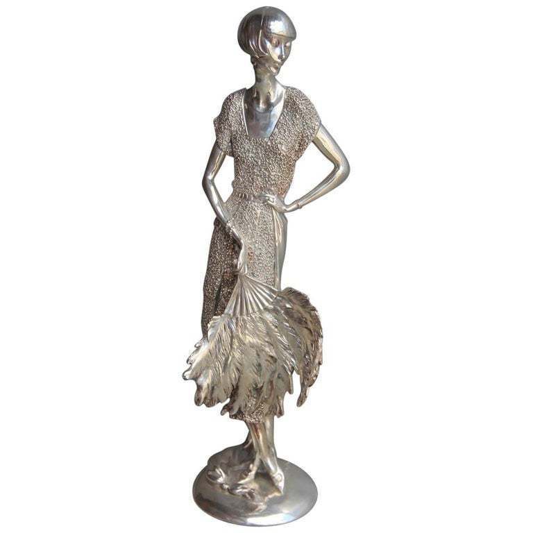 Art Deco Resin Sculpture With Italy 1970 Silver Foil Woman With Fan