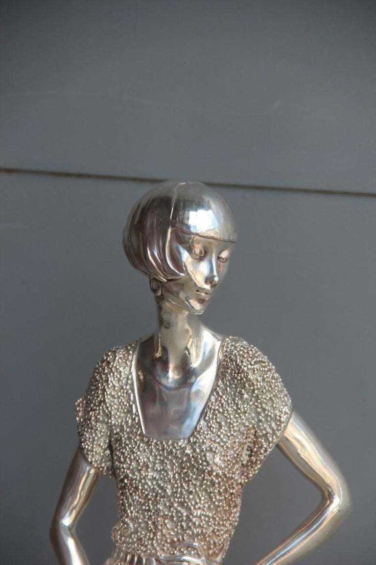 Art Deco Resin Sculpture With Italy 1970 Silver Foil Woman With Fan photo furniture