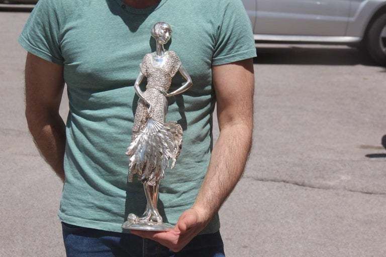 Art Deco Resin Sculpture With Italy 1970 Silver Foil Woman With Fan photo for sale
