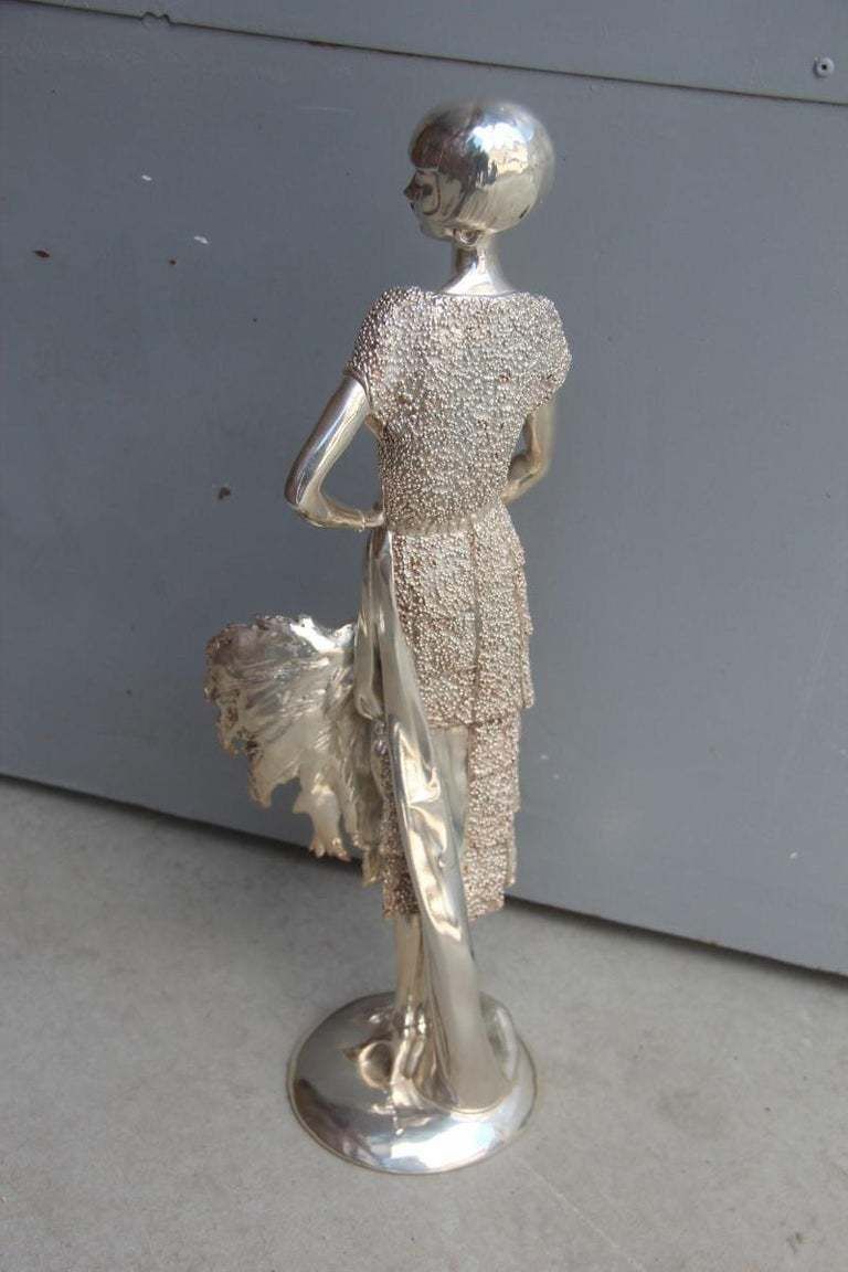 Art Deco Resin Sculpture With Italy 1970 Silver Foil Woman With Fan photo vinterior