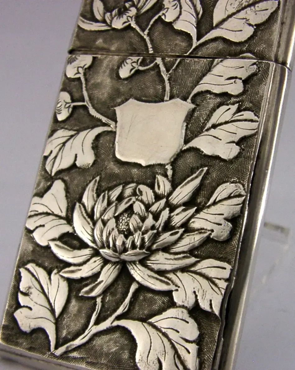 Chinees exportzilver kaarthouder ca. 1890, antiek, vogel en chrysant photo Woonaccessoires