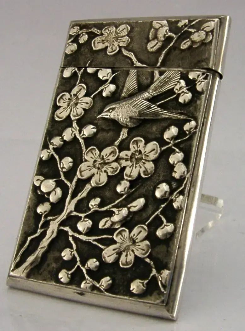 Stunning Chinese Export Silver Card Case C1890 Antique Bird Chrysanthemum photo vinterior
