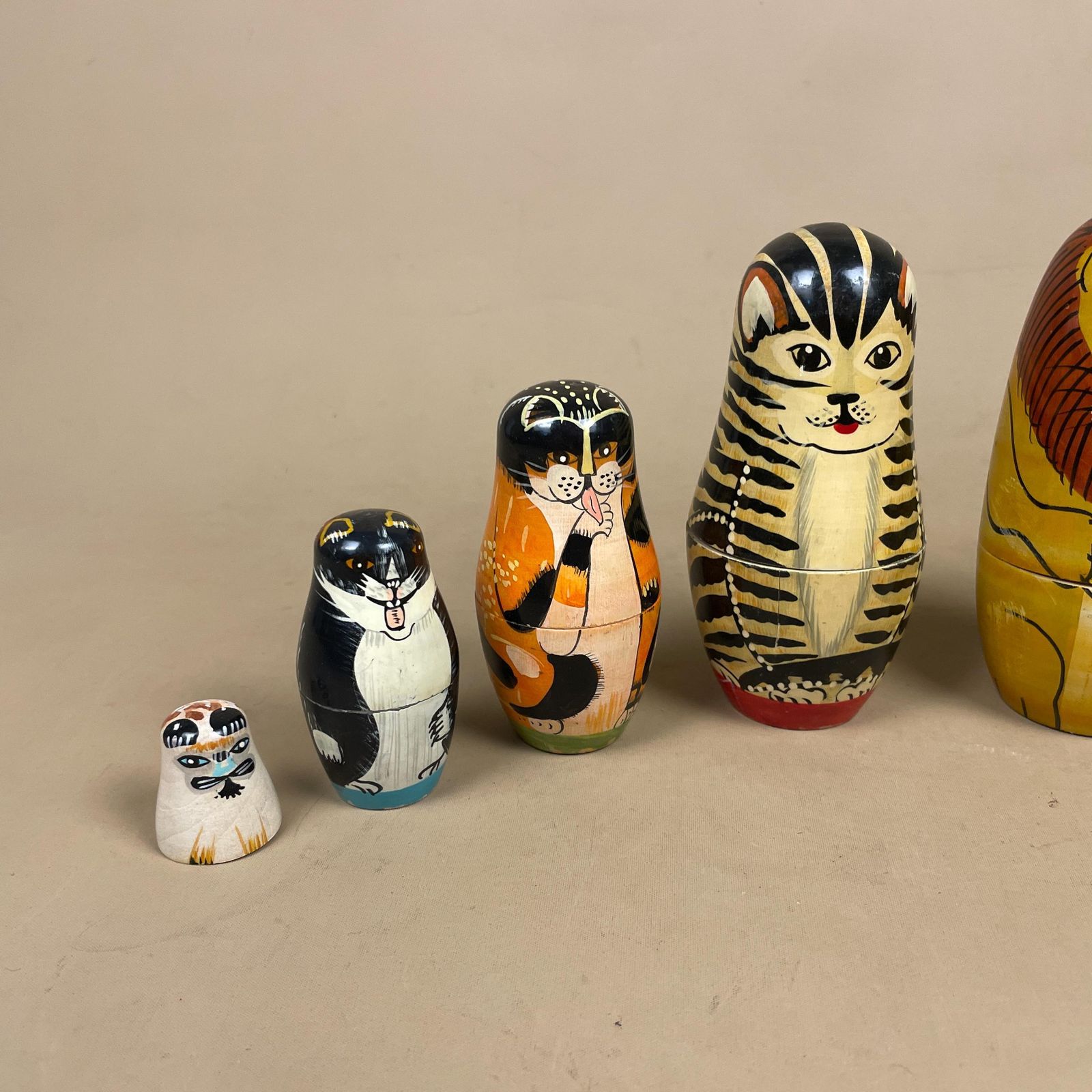 Nesting Dolls Wooden Vintage   Lion And Cat Matryoshka Set   Hand Painted Stacking Animals Decor For Nursery Shelf And Cat Lover Gift photo furniture