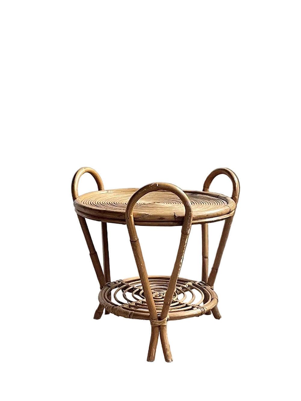Vintage Sculptural Two Tier Rattan Side Table With Loop Handles, Japan, 1970s