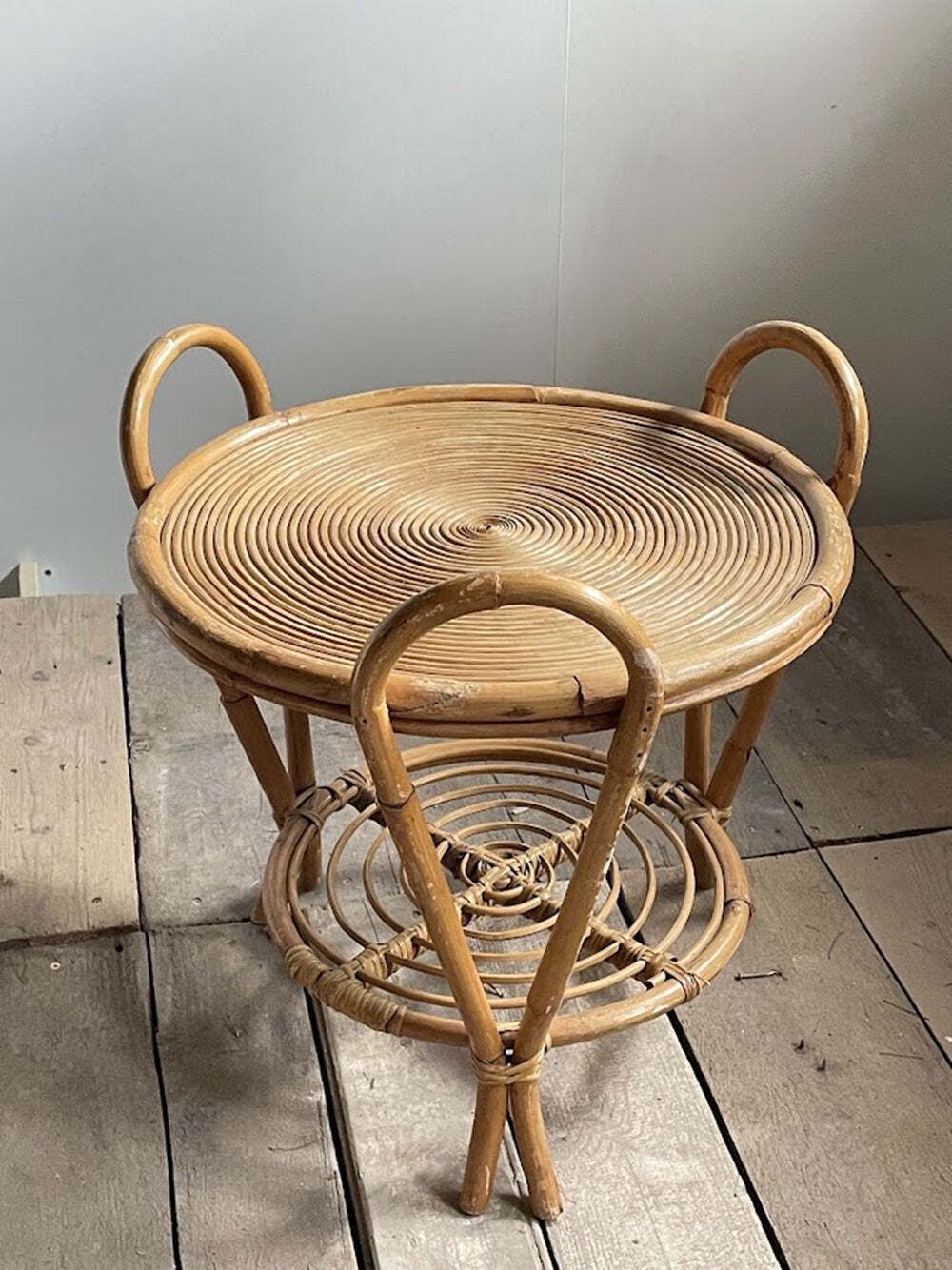 Vintage Sculptural Two Tier Rattan Side Table With Loop Handles, Japan, 1970s photo Furniture
