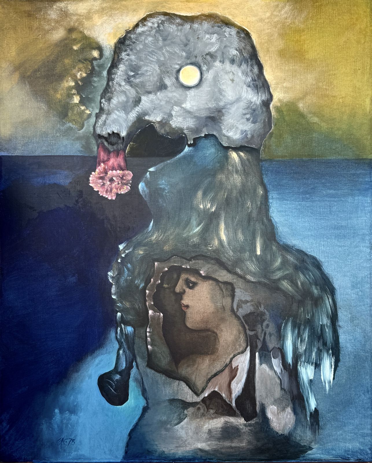 Modest Cuixart I Tàpies – Surrealistisch vrouwenportret met bloemen- en maansymboliek, Spaanse moderne kunst 1978