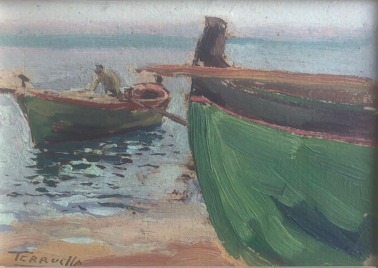 Joaquin Terruella Matilla Mediterranean Fishing Boats Coastal Seascape Impressionist Harbor Marine Oil C.1920 photo furniture