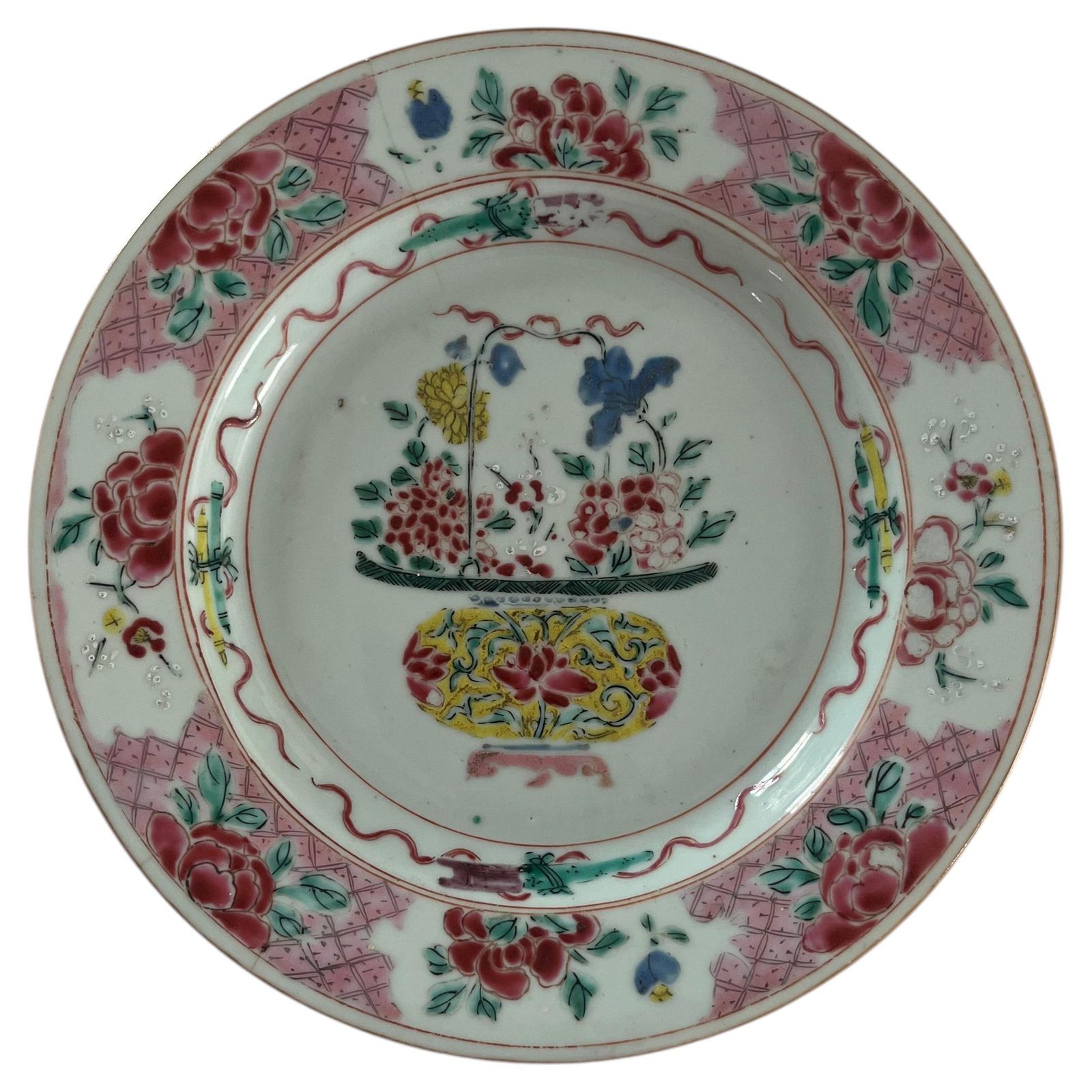 Chinese Porcelain Plate Famille Rose Flower Basket, Qing Yongzheng Circa 1730