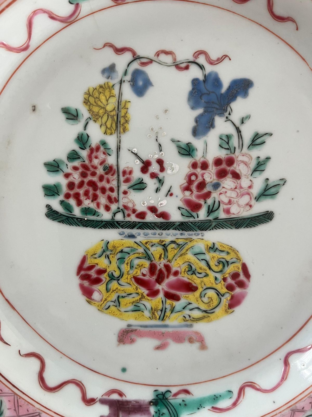Chinese Porcelain Plate Famille Rose Flower Basket, Qing Yongzheng Circa 1730 photo for sale