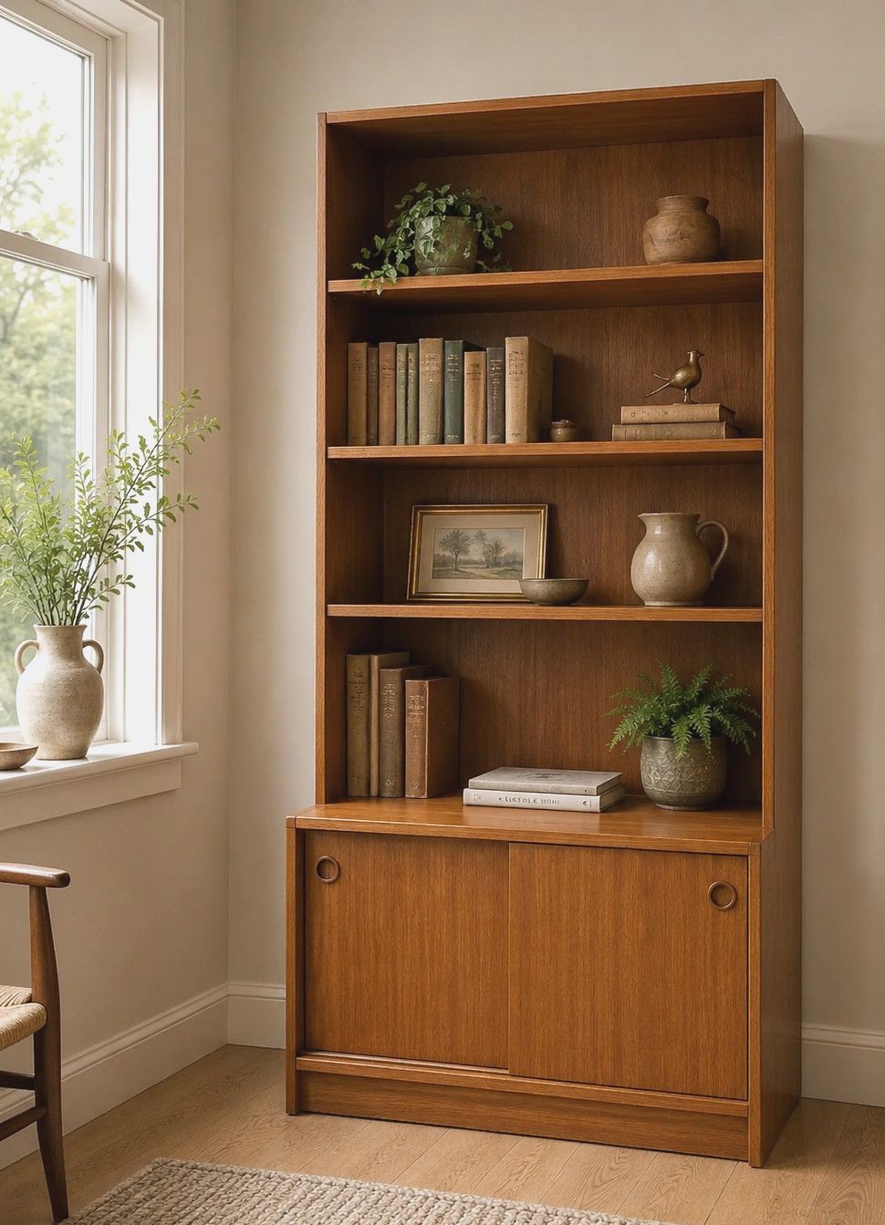 Vintage Teak Bookcase Cabinet Sliding Door Cupboard Mid Century Display Shelving