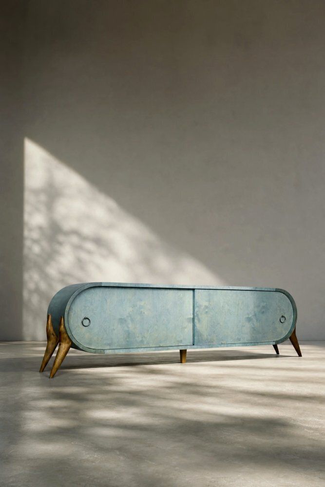 photo vintage Mid Century Modern Italian Turquoise Streamline Wood Sideboard, 1960s