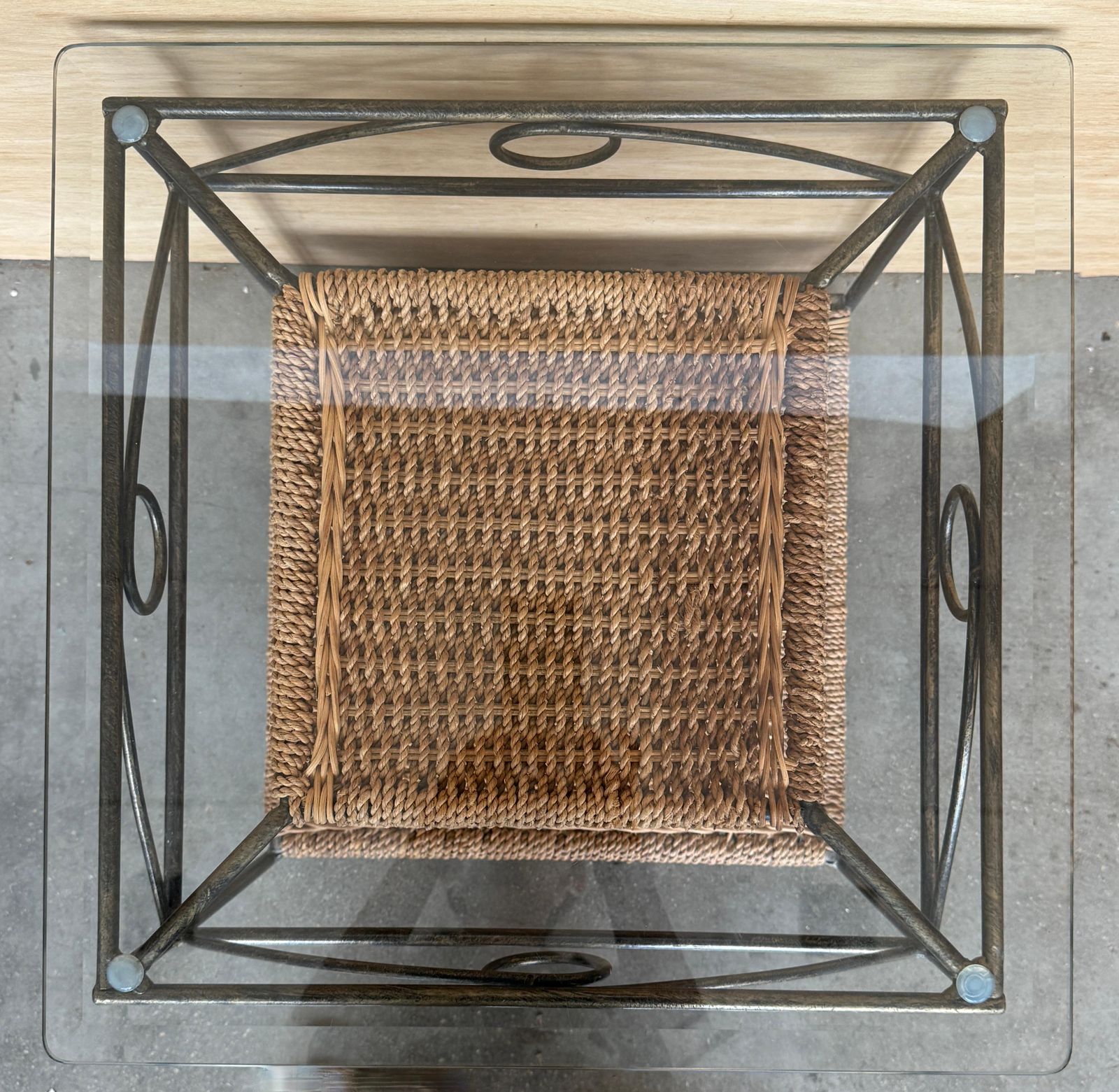 Pair Of Mid Century Modern Wrought Iron Side Tables With Glass Tops And Woven photo vinterior
