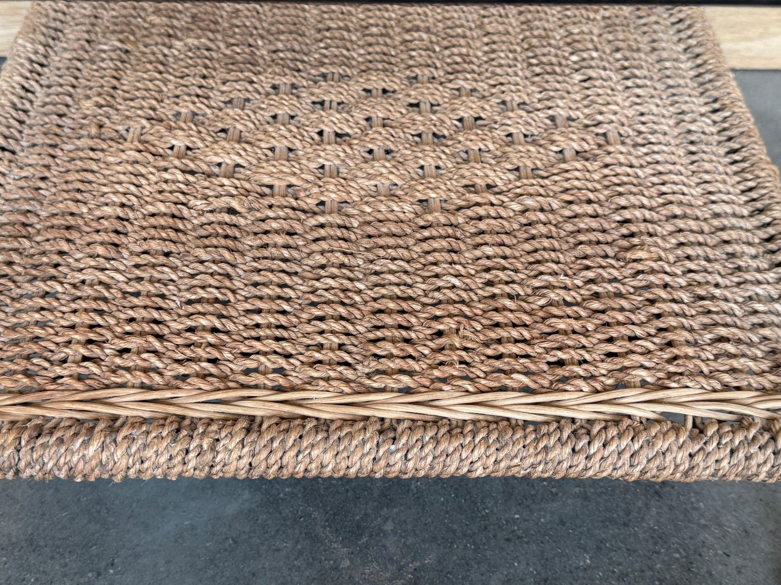 Pair Of Mid Century Modern Wrought Iron Side Tables With Glass Tops And Woven photo buy
