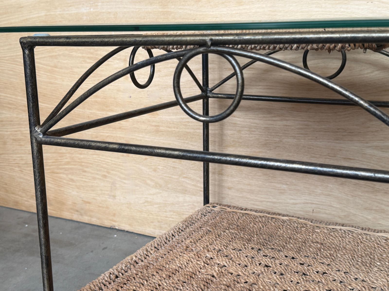 Pair Of Mid Century Modern Wrought Iron Side Tables With Glass Tops And Woven photo vintage