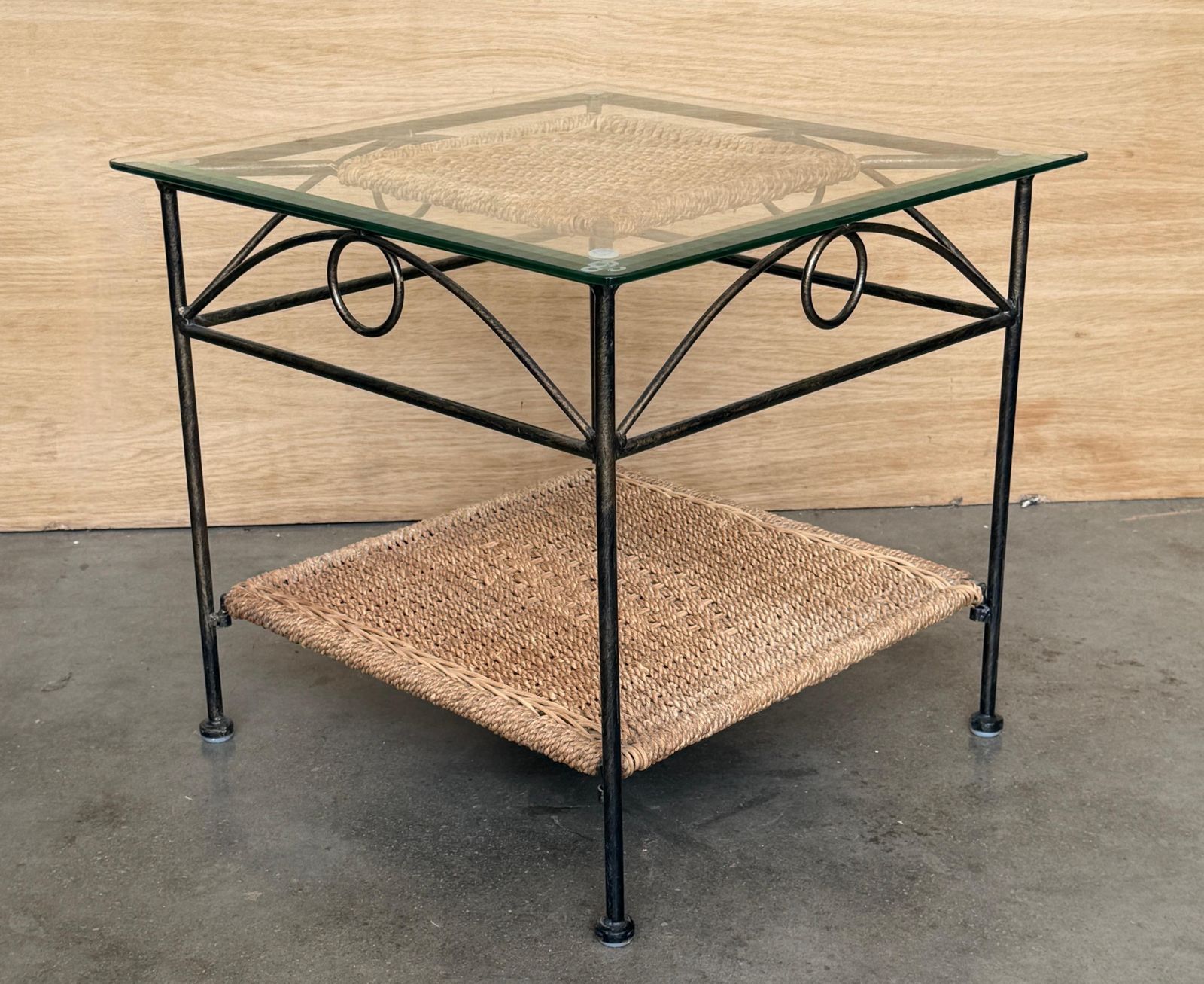photo furniture Pair Of Mid Century Modern Wrought Iron Side Tables With Glass Tops And Woven