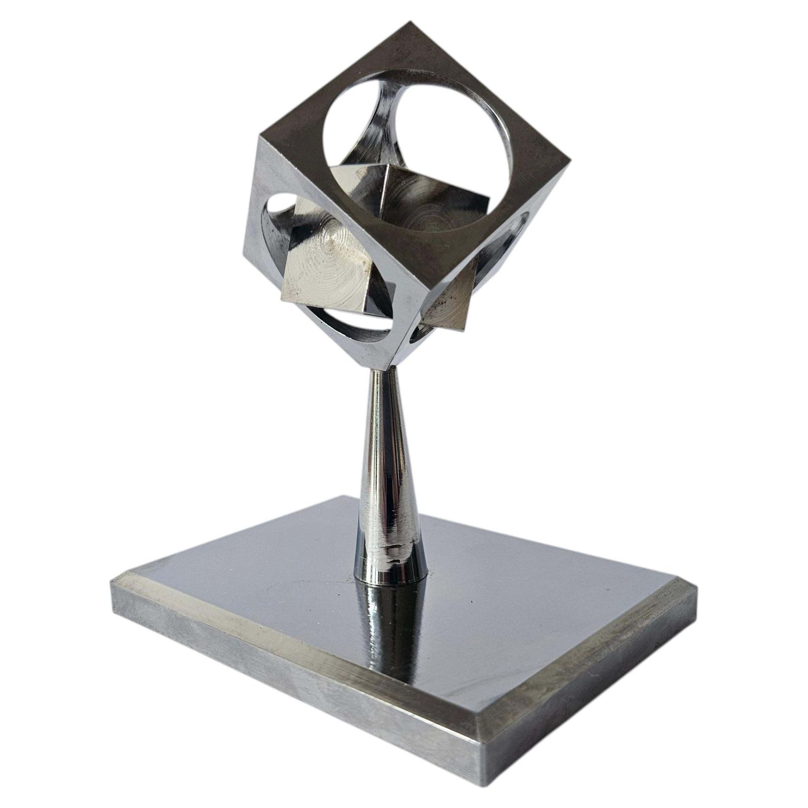 Rare Midcentury Chrome Paperweight, Model, Turners Cube, Desk Sculpture, 1970s