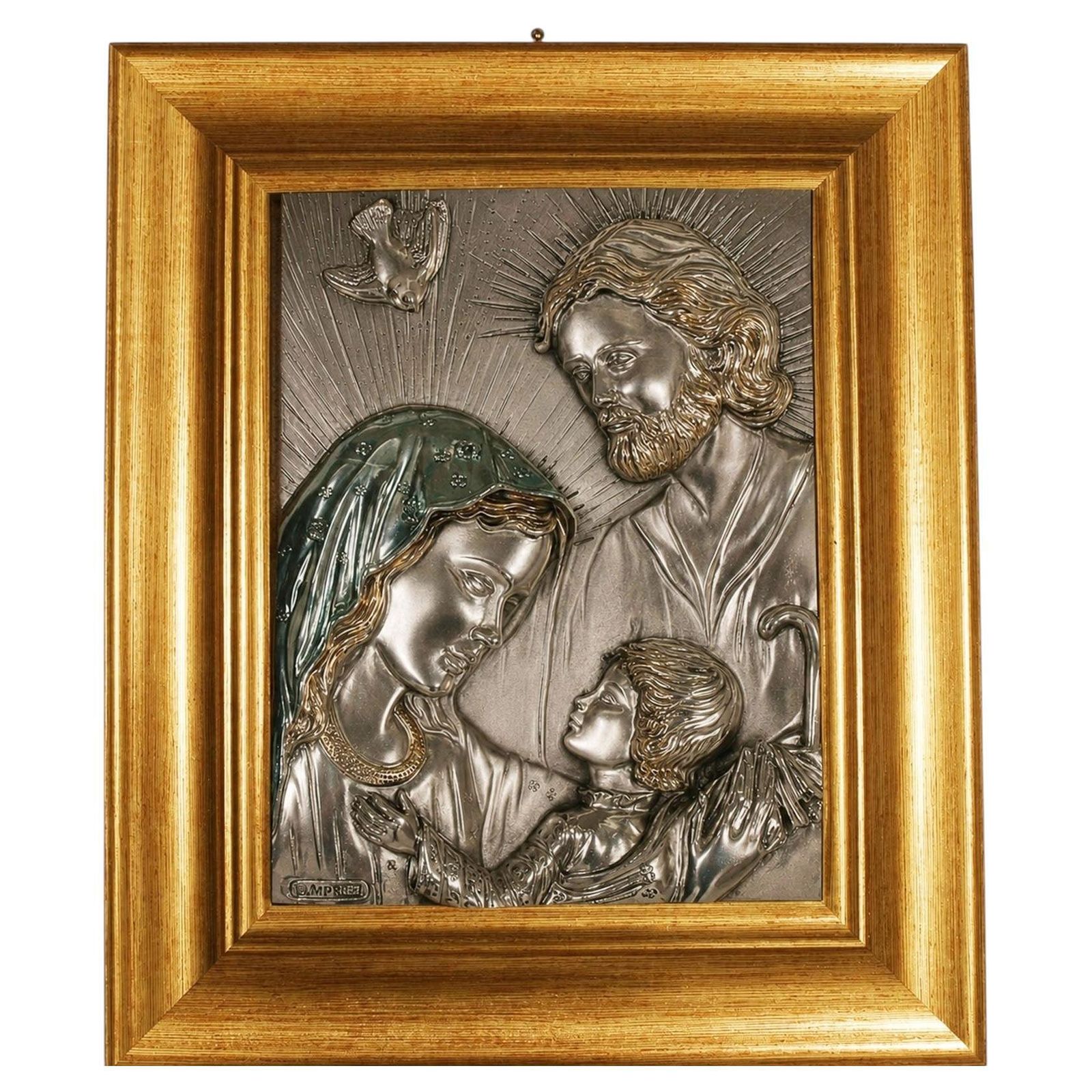 Italian 1970s Florentine Embossed 925 Silver Plaque Featuring A Bas Relief Of The Holy Family