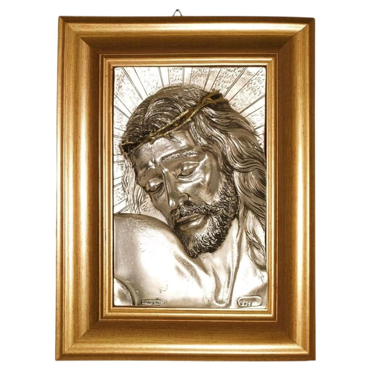 Italiaans Florentijns bas-reliëf uit de jaren 1970, verzilverd met 925 zilver, Christus in een verguld houten lijst