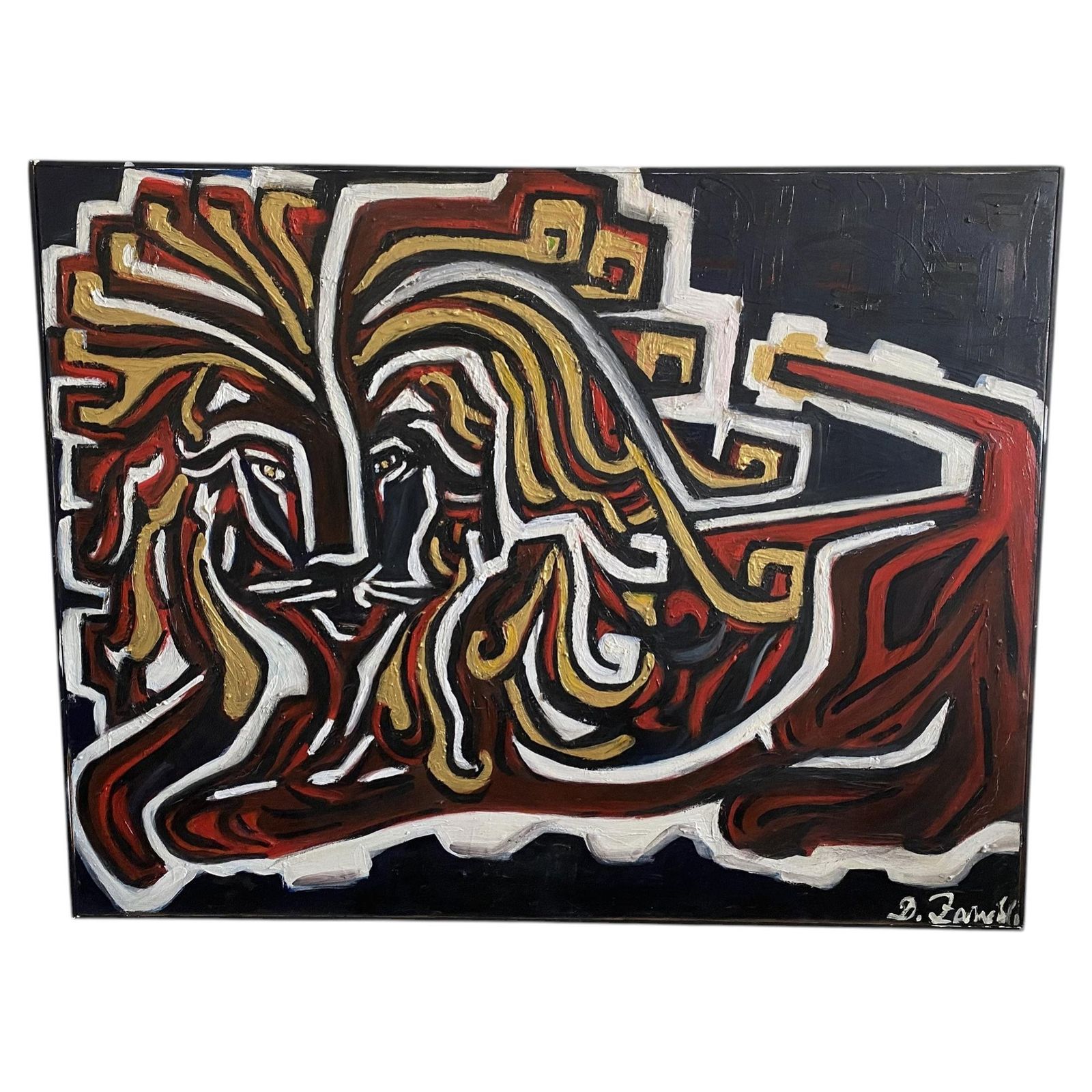 Italy Post Modern Oil Painting On Canvas With A Lion In Black Red And Yellow