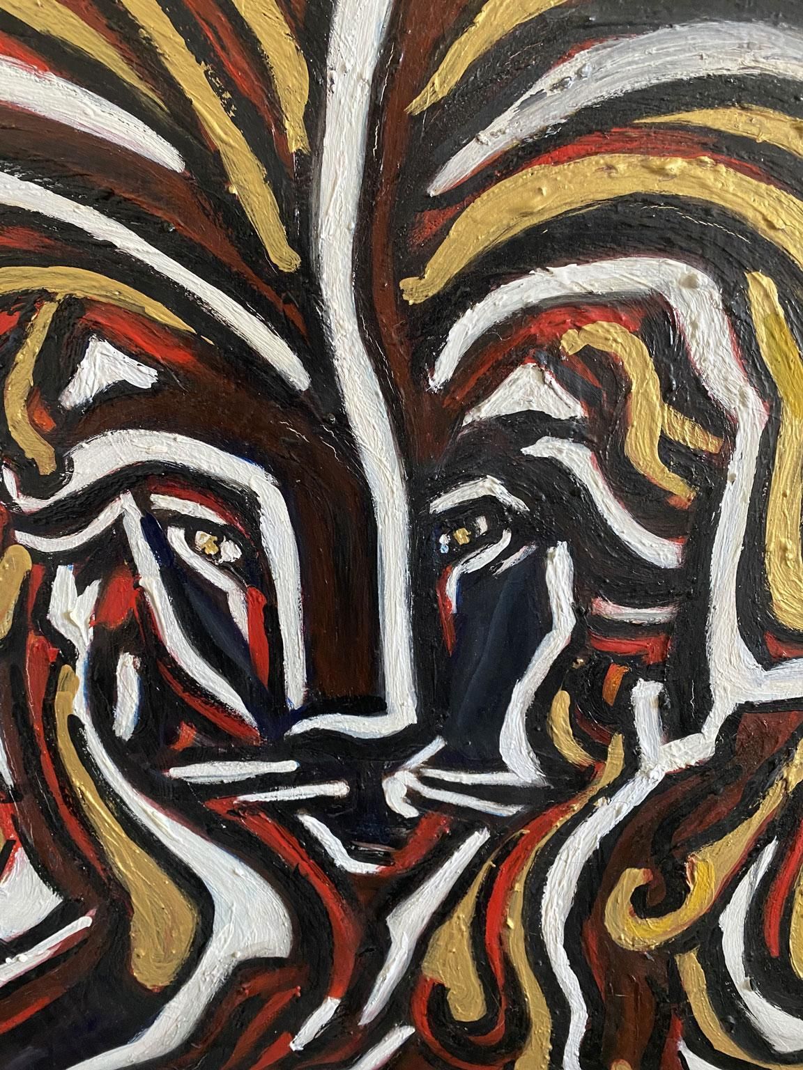 Italiaans postmodern olieverfschilderij op doek met een leeuw in zwart, rood en geel photo 2614.0