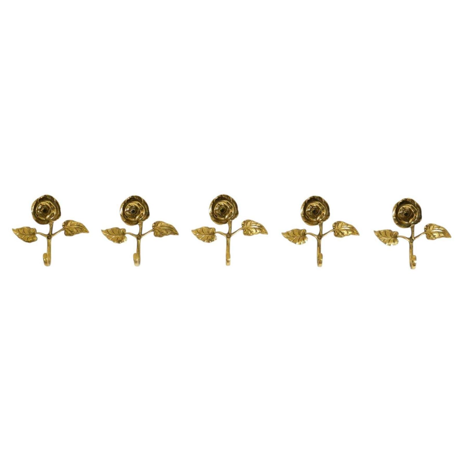 Set van vijf massief messing rozenvormige wandkapstokken – Mid-Century
