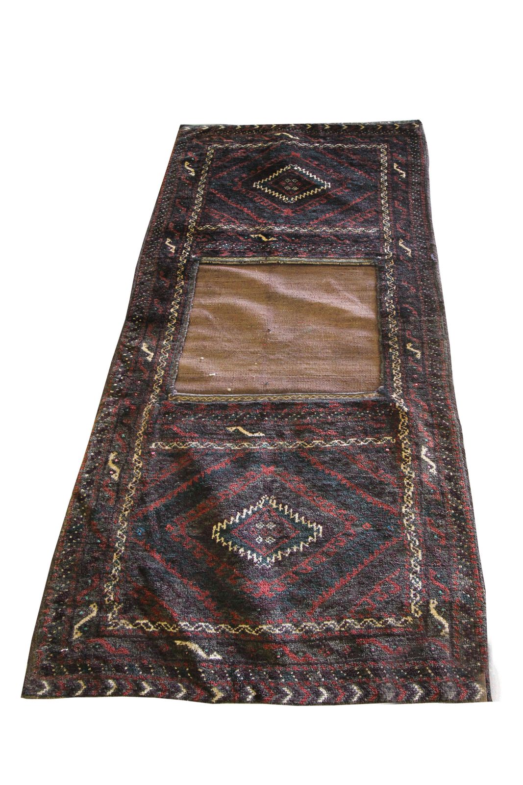 Antiek zadeltasje, traditioneel bruin wollen tribaal textiel, handgemaakt, geometrisch photo for sale