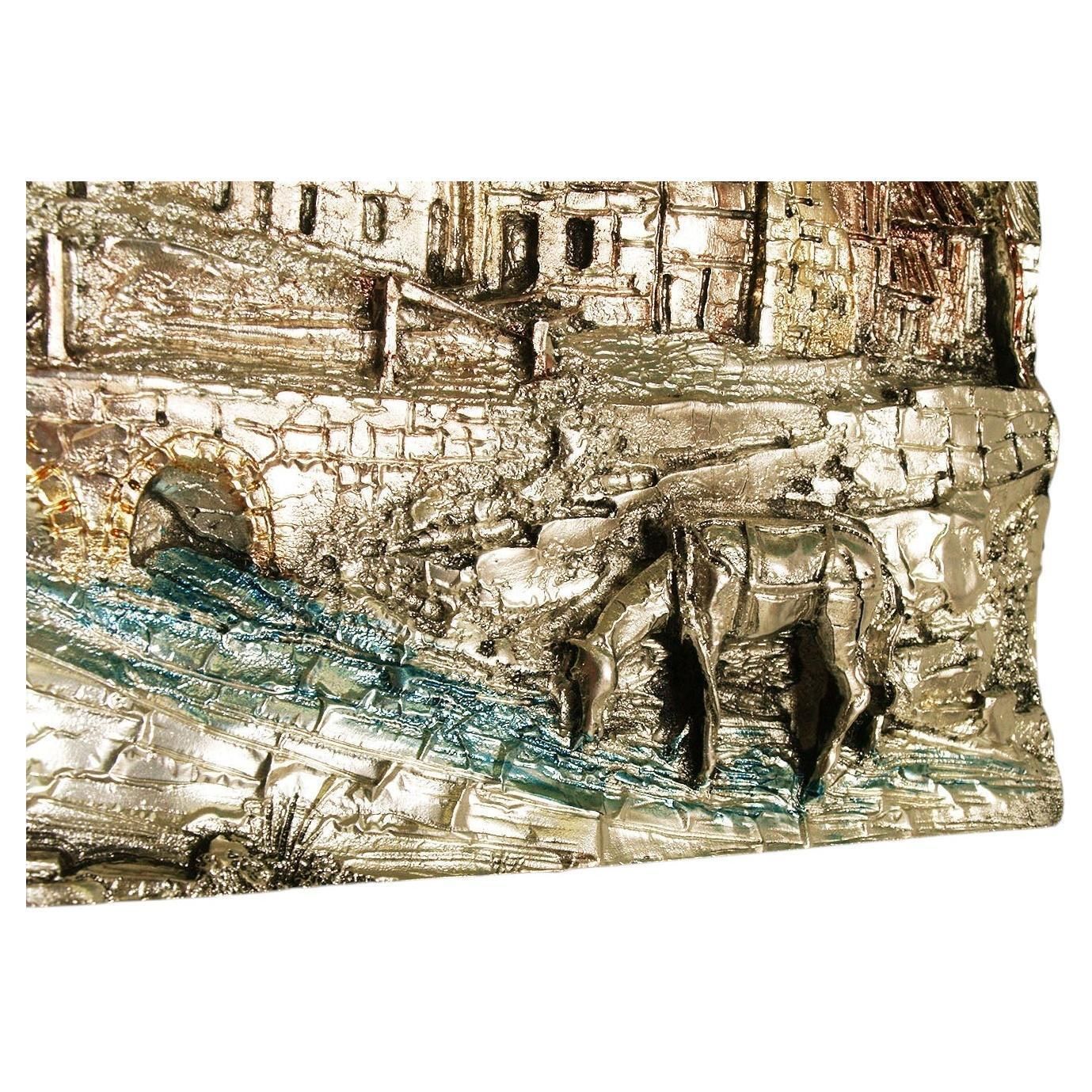 Italian 925 Silver And 24 Karat Gold Plated Bronze High Relief Landscape By Argenteria D’arte Guerrini photo buy