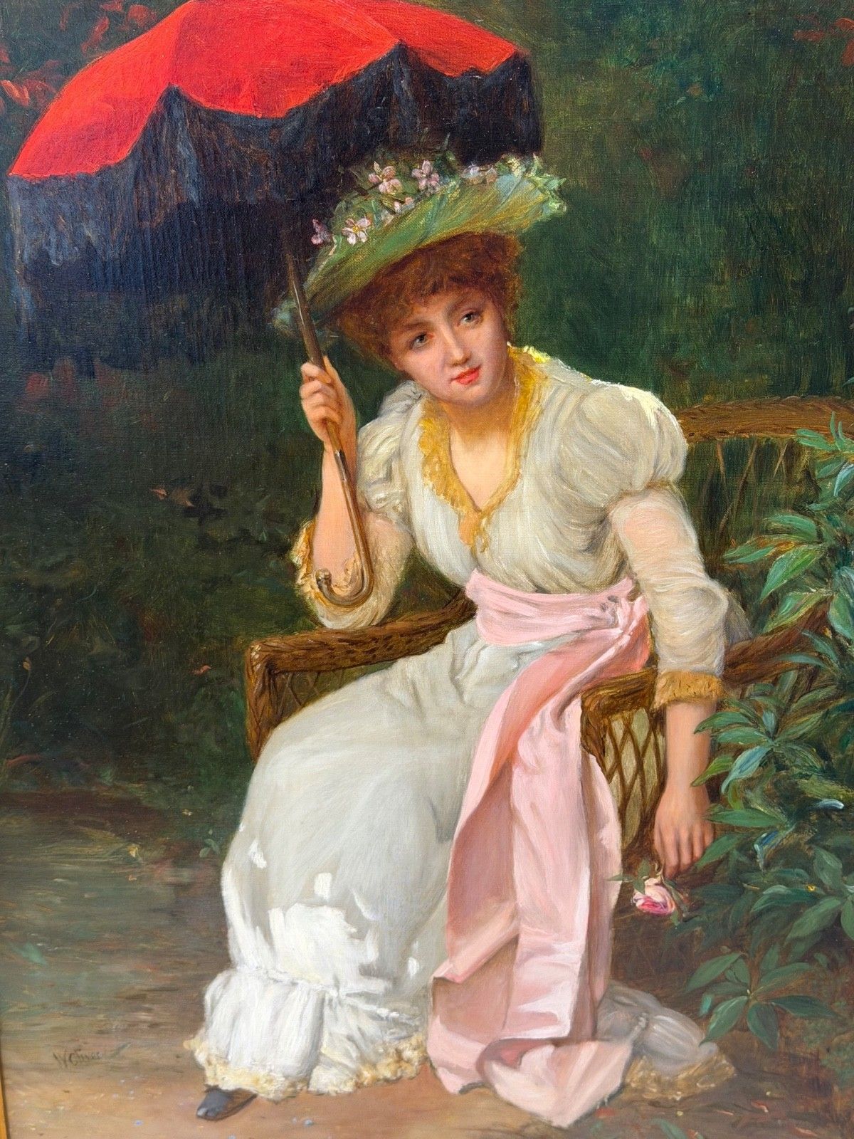 19th Century Portrait Oil Painting Lady Red Parasol Signed By William Oliver photo for sale