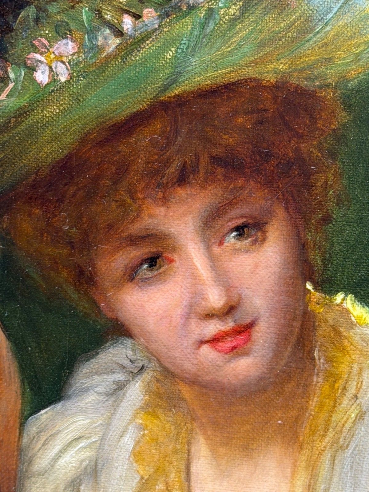 19e-eeuws portret in olieverf, dame met rode parasol, gesigneerd door William Oliver photo 14500.0