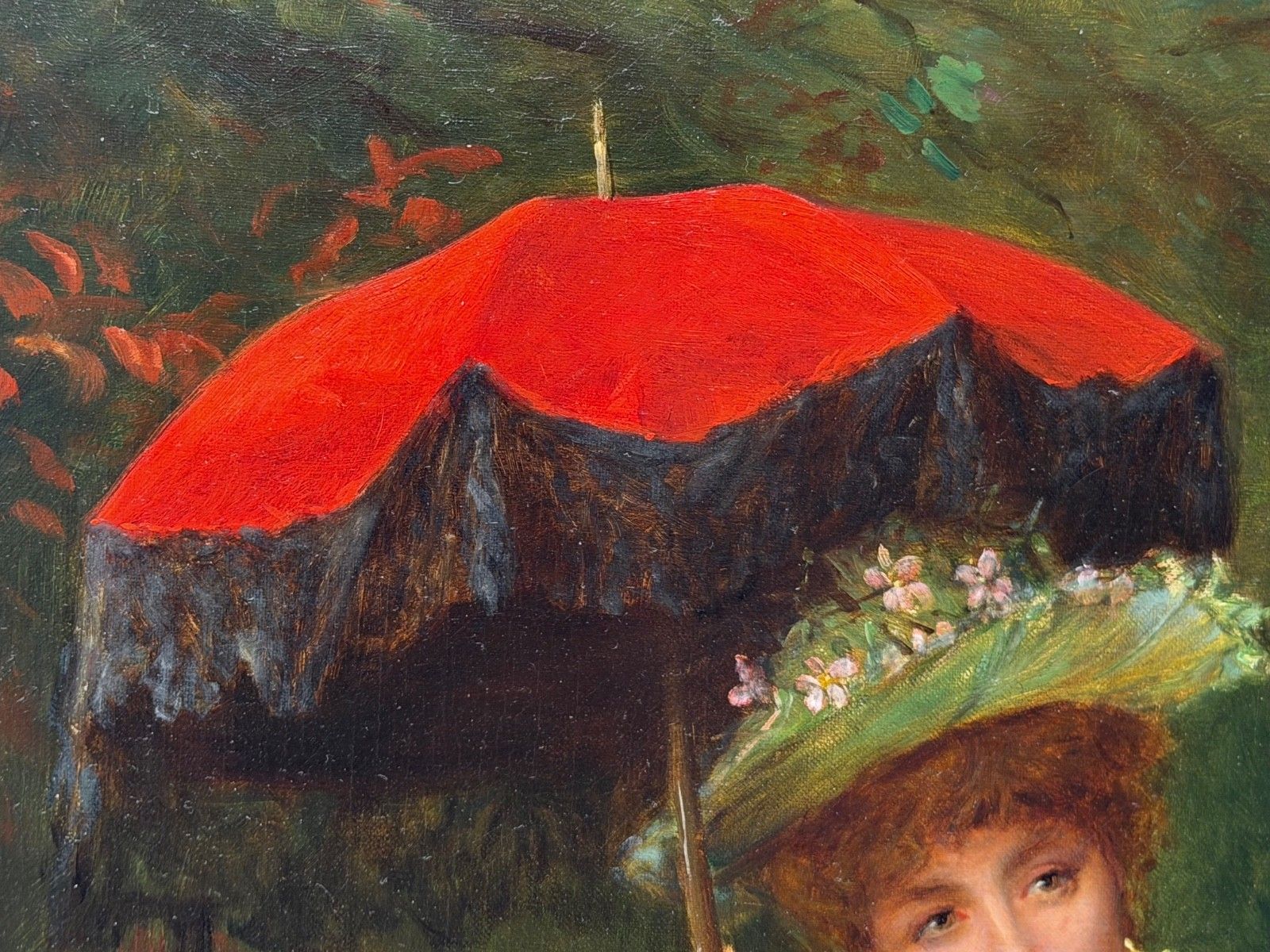 19e-eeuws portret in olieverf, dame met rode parasol, gesigneerd door William Oliver photo buy