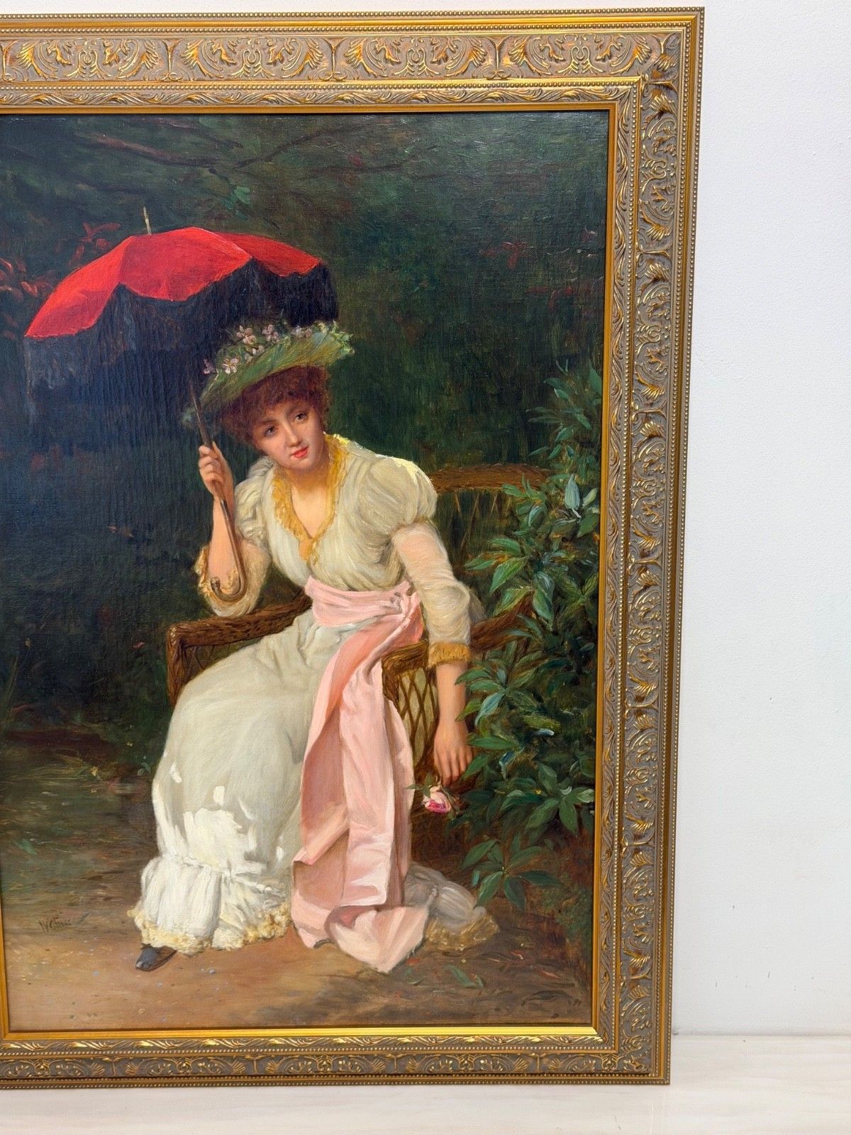 photo furniture 19th Century Portrait Oil Painting Lady Red Parasol Signed By William Oliver