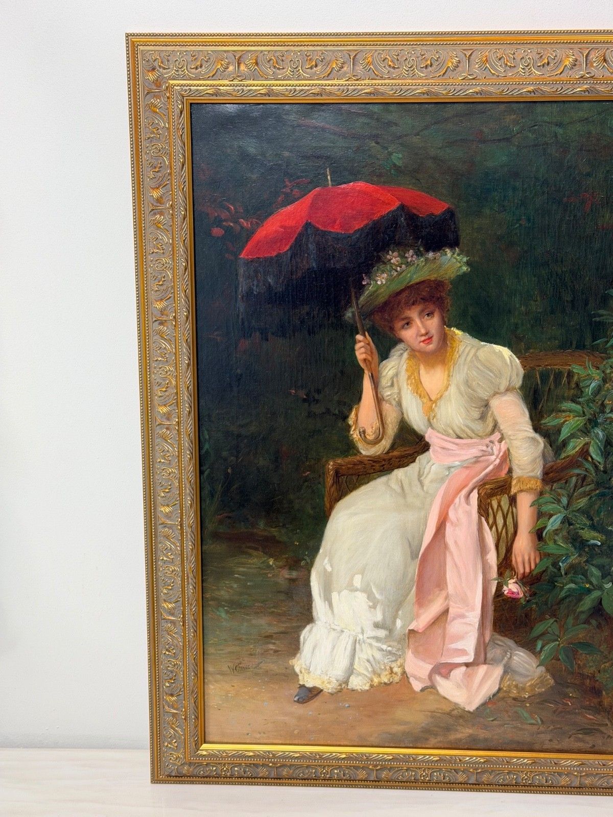 photo for sale 19e-eeuws portret in olieverf, dame met rode parasol, gesigneerd door William Oliver