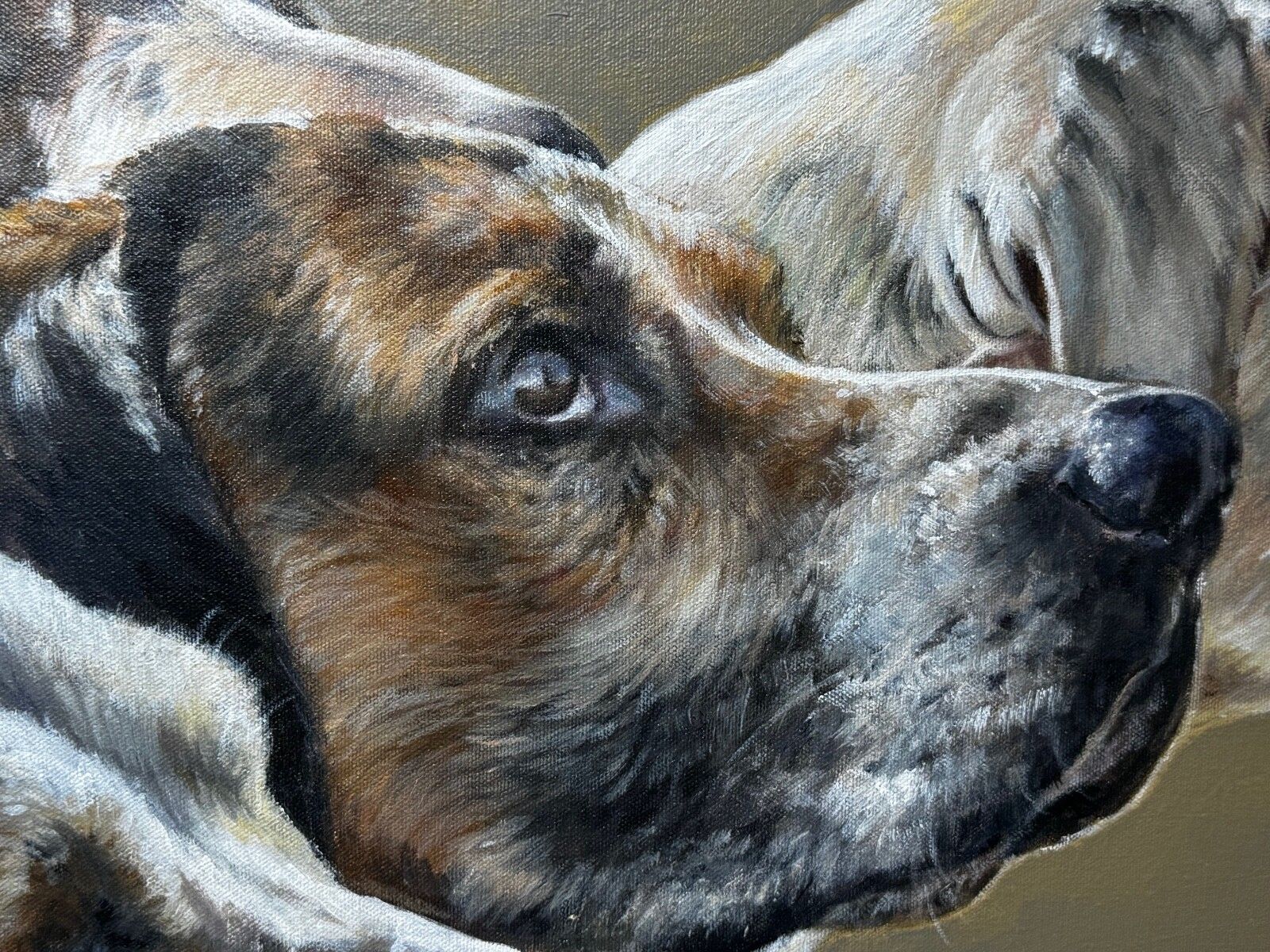 photo furniture Groot jachttafereel, olieverfschilderij, hondenkoppel van reukspeurhonden bij de Berkeley Hunt, gesigneerd door Vicky Palmer
