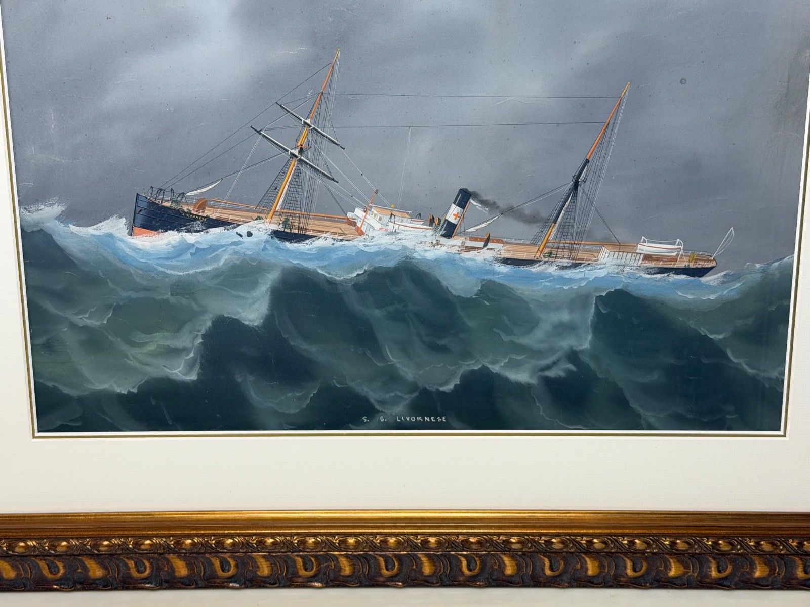 Maritiem schilderij ⚓ S.S. Livornese in zwaar weer, scheepsportret, toegeschreven aan Luca Papaluca photo vinterior