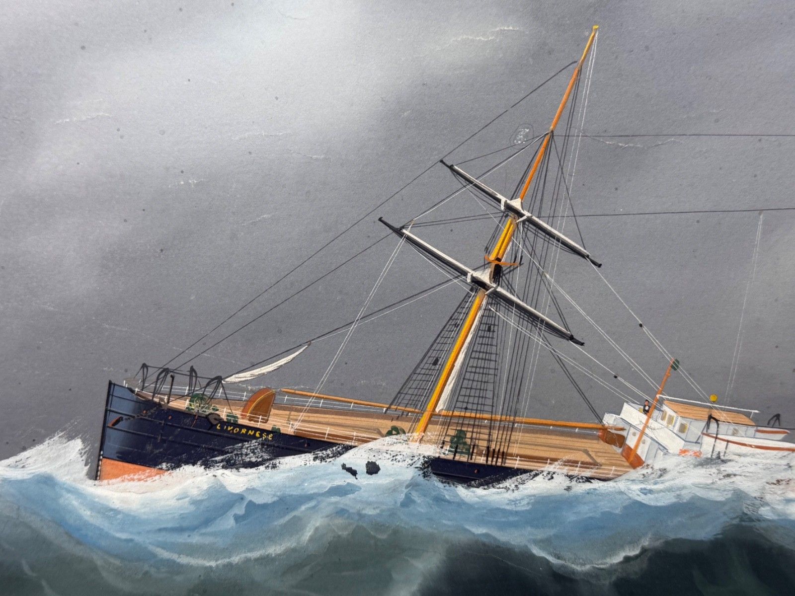 Maritiem schilderij ⚓ S.S. Livornese in zwaar weer, scheepsportret, toegeschreven aan Luca Papaluca photo vintage