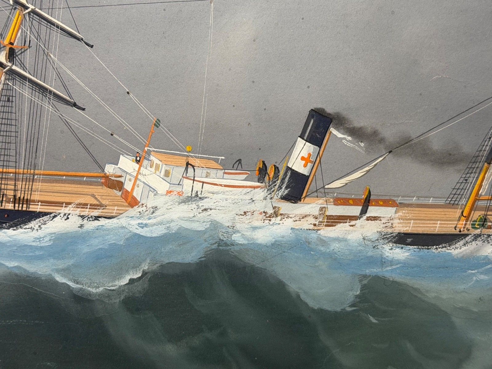 photo vinterior Maritiem schilderij ⚓ S.S. Livornese in zwaar weer, scheepsportret, toegeschreven aan Luca Papaluca