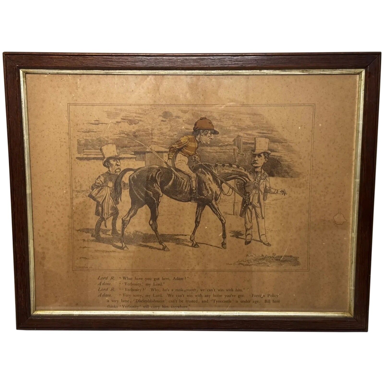19e-eeuwse politieke prent William Gladstone als jockey van Lord Rosebery op paard Verbosity door Edward Linley Sambourne