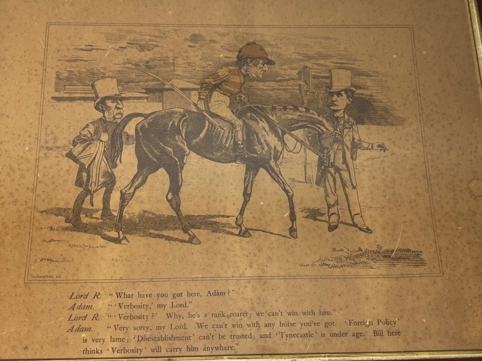 19e-eeuwse politieke prent William Gladstone als jockey van Lord Rosebery op paard Verbosity door Edward Linley Sambourne photo buy