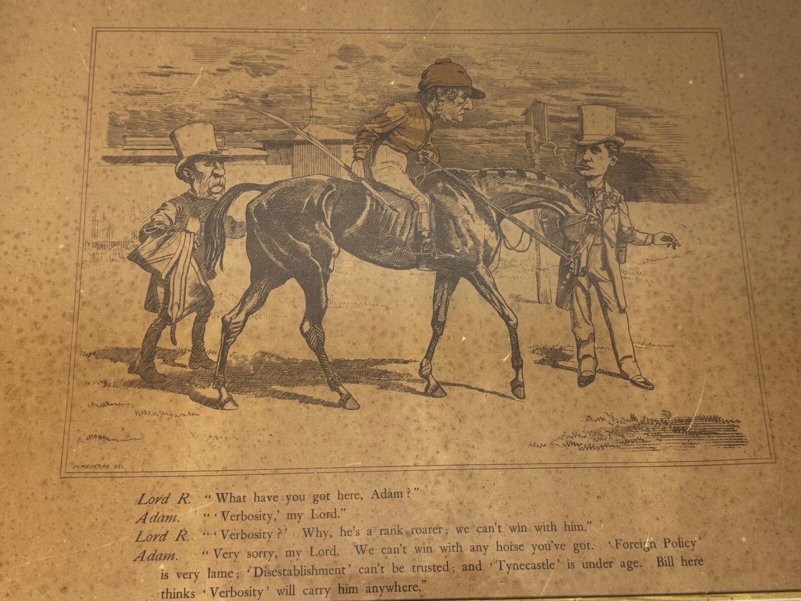 19e-eeuwse politieke prent William Gladstone als jockey van Lord Rosebery op paard Verbosity door Edward Linley Sambourne photo vintage