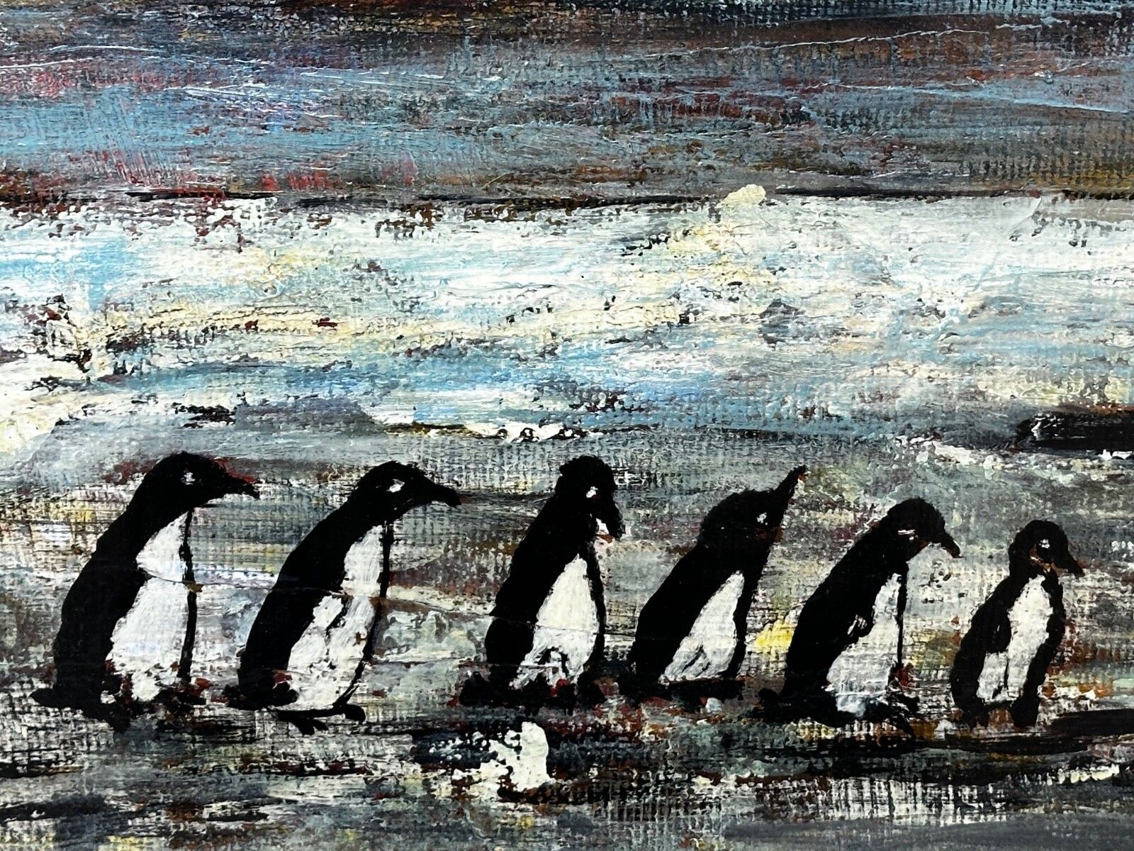 Olieverfschilderij Winter Waddle Group Black & White Polar Penguins Antarctica photo vintage