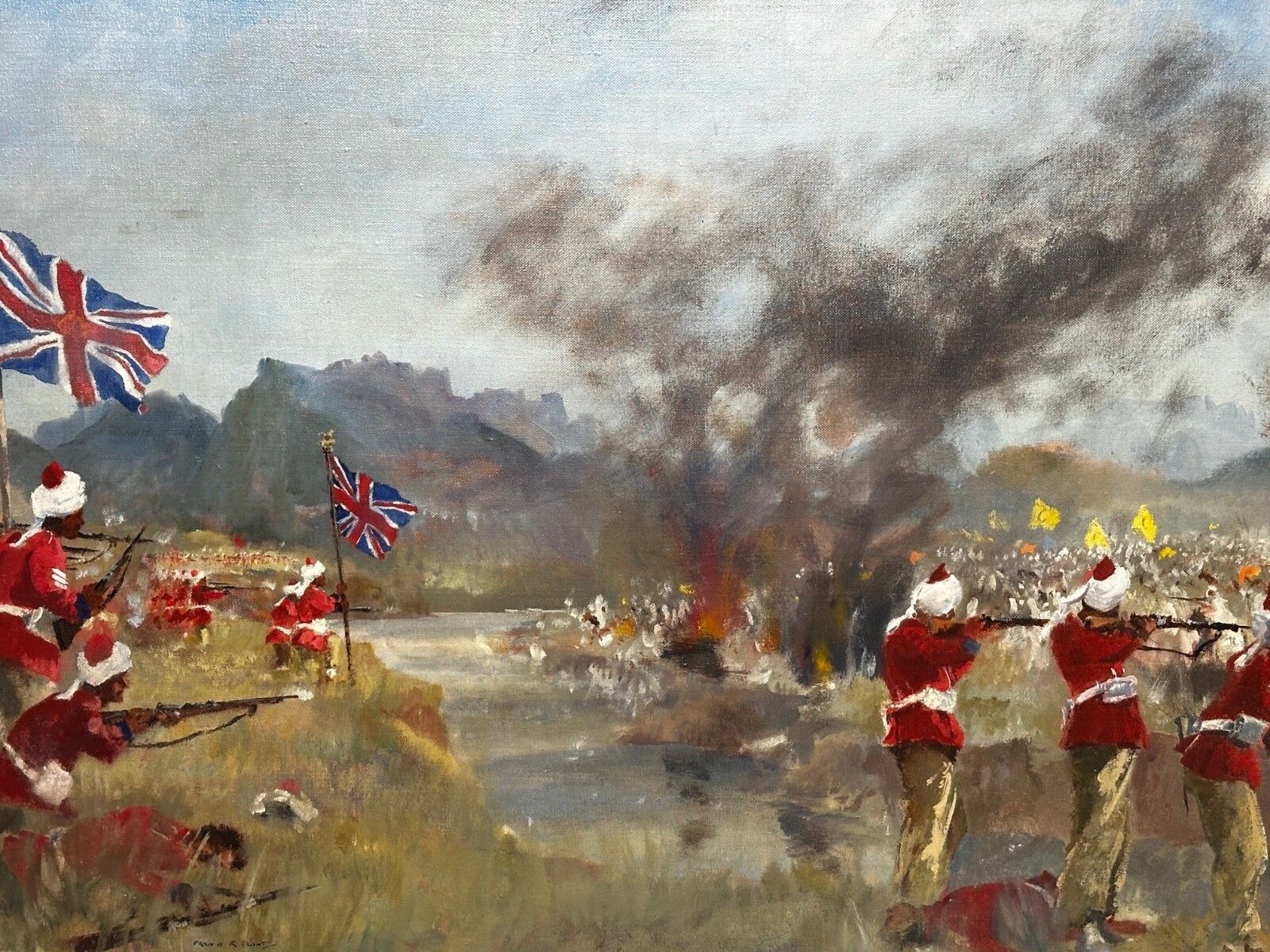 Olieverfschilderij Militaire Slag Kam Dakkha 2e Afghaanse Oorlog Gesigneerd door Francis Russell Flint photo furniture