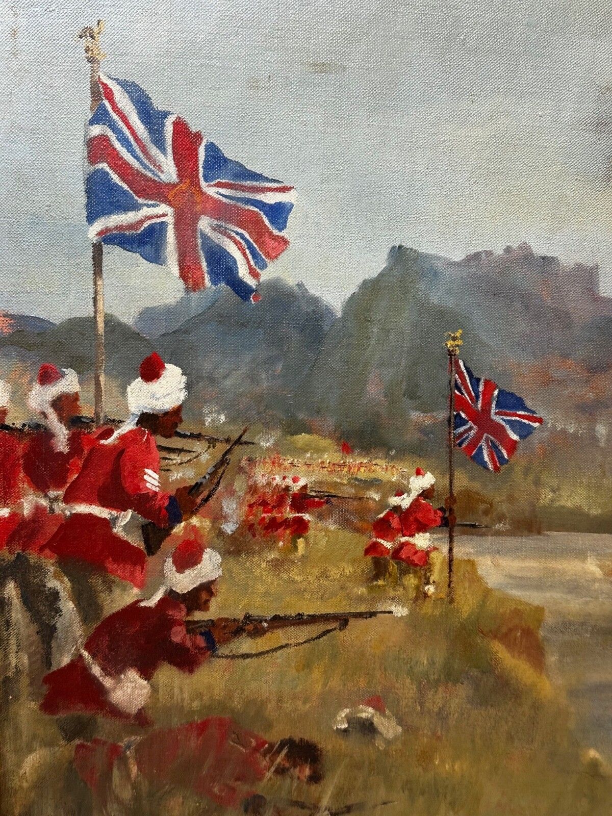 photo vintage Olieverfschilderij Militaire Slag Kam Dakkha 2e Afghaanse Oorlog Gesigneerd door Francis Russell Flint