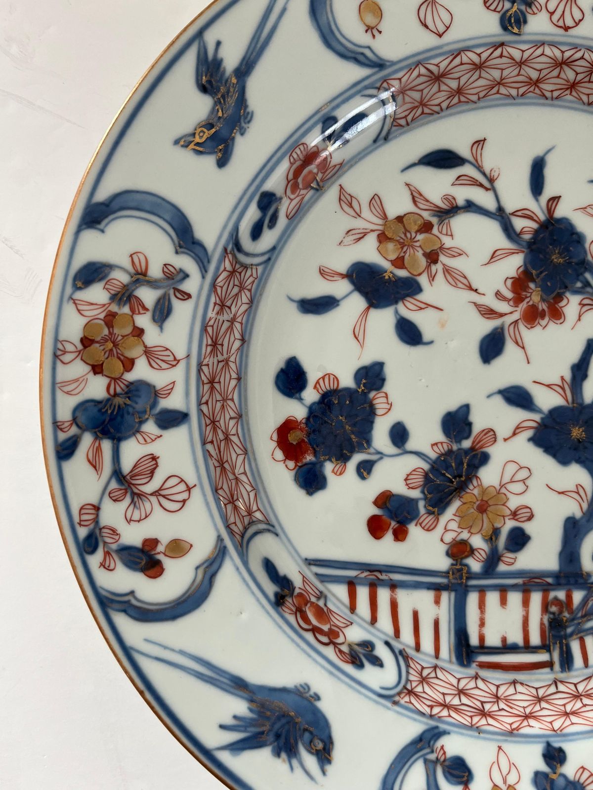 Chinese Kangxi Imari Plate, Porcelain Floral Fence And Flying Birds, Circa 1700 photo vintage