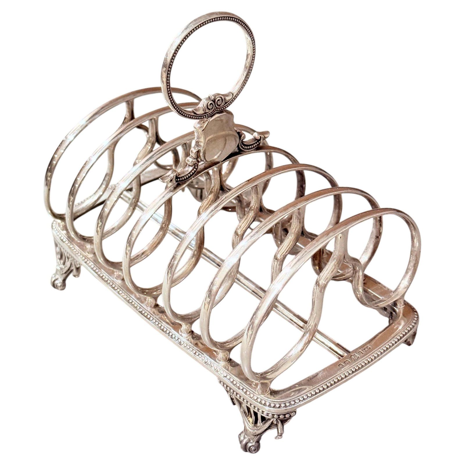 Art Deco Silver Toast Rack, 6 Slice Breakfast Bread Stand With Handle Sheffield