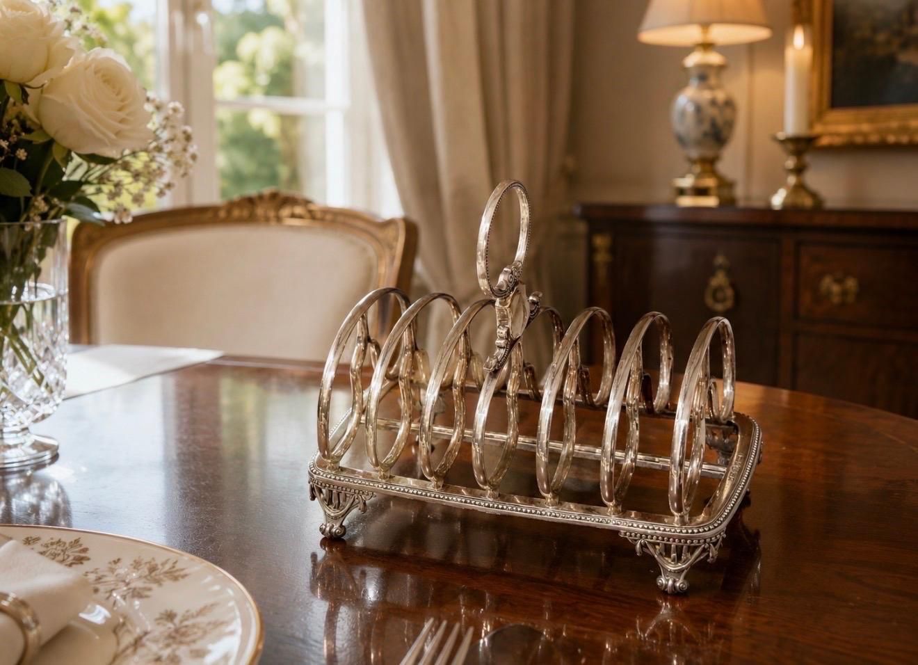 photo furniture Art Deco Silver Toast Rack, 6 Slice Breakfast Bread Stand With Handle Sheffield