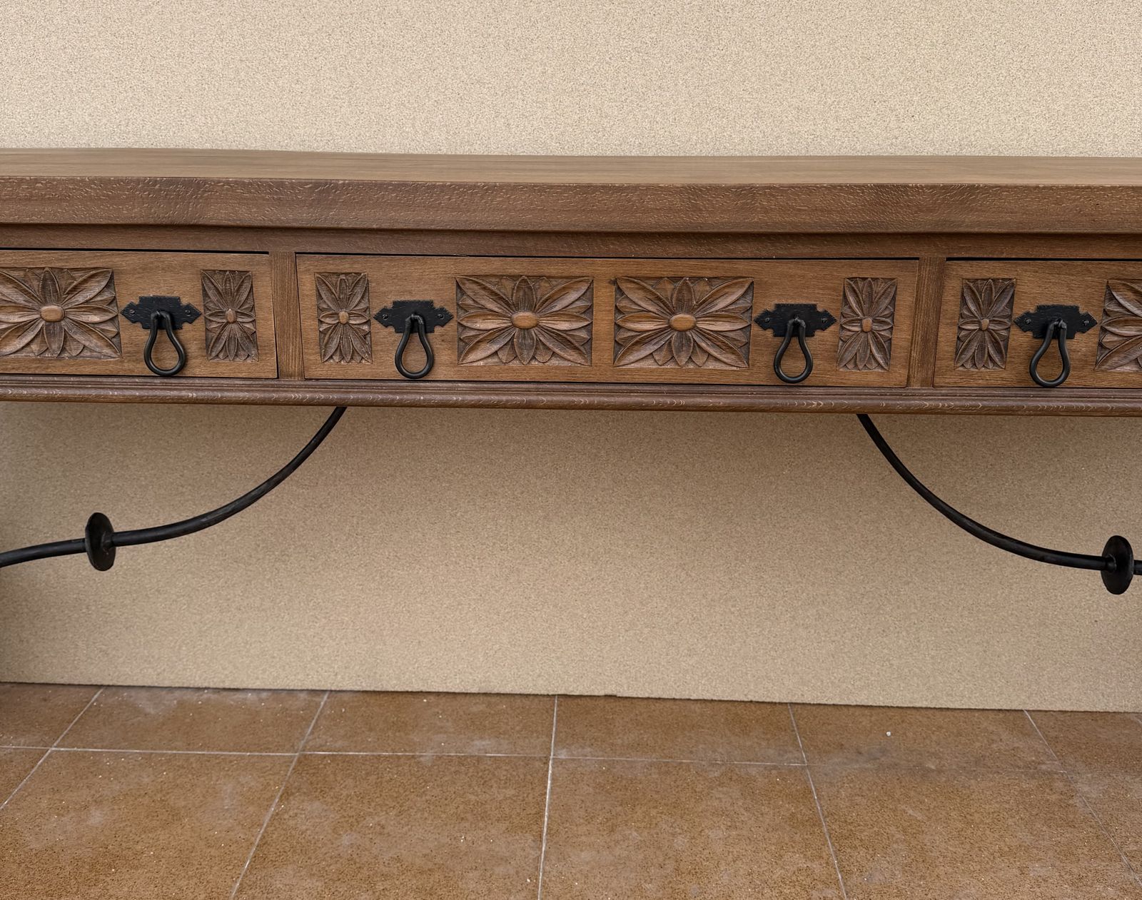 Spanish Rustic Carved Wood Console Table , Mid 20th Century photo vintage