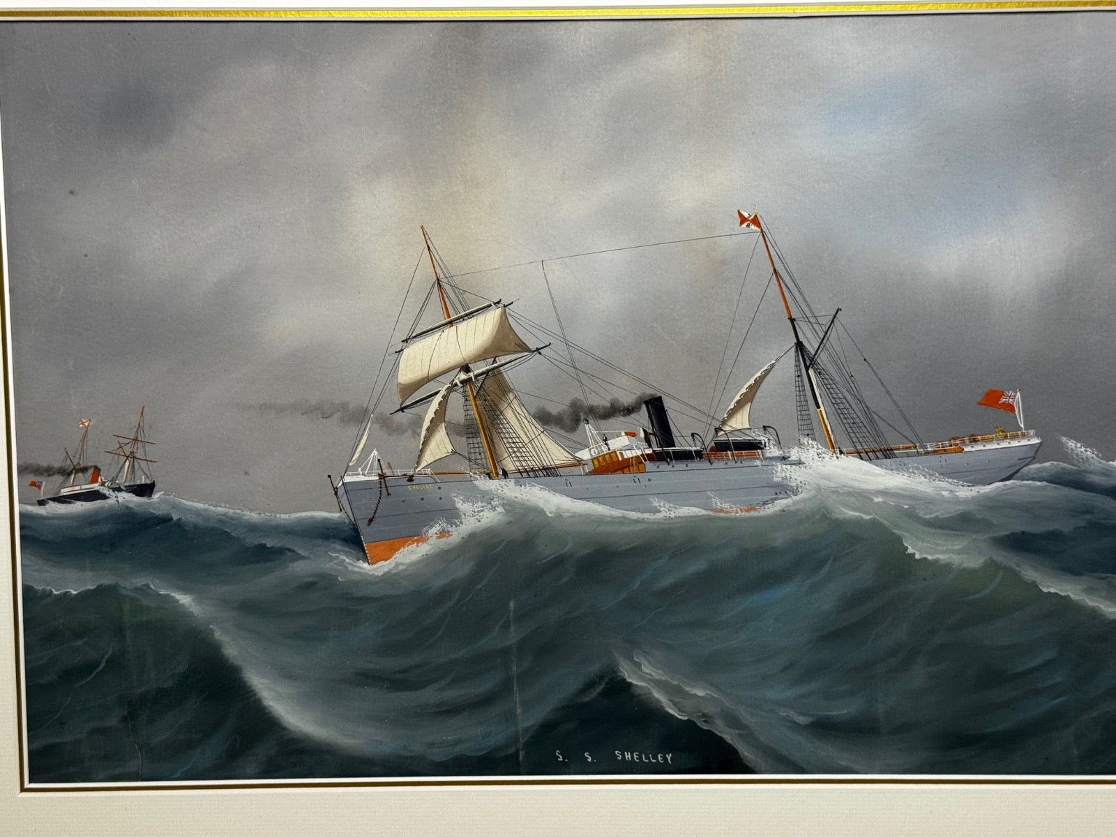 Begin 20e eeuw Napolitaans havenportret, marineschilderij S.S. Shelley stoomschip op woelige zee, toegeschreven aan Luca Papaluca photo furniture