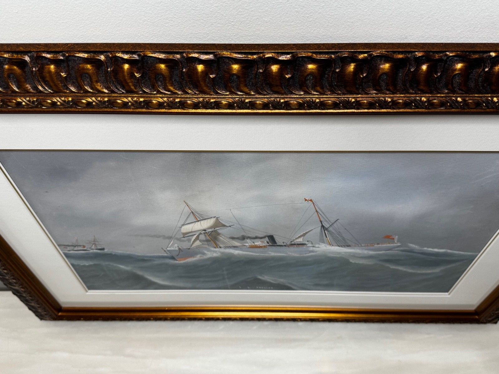 photo for sale Begin 20e eeuw Napolitaans havenportret, marineschilderij S.S. Shelley stoomschip op woelige zee, toegeschreven aan Luca Papaluca