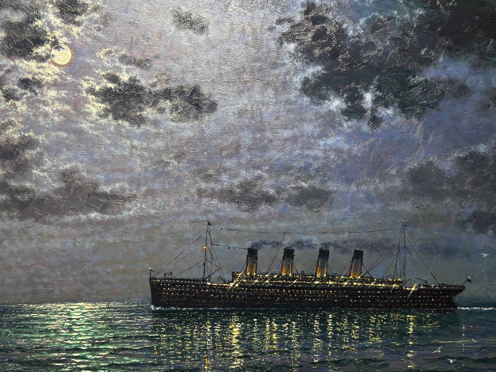 Groot olieverfchilderij "Ships That Pass In The Night" - RMS Titanic onder nachtelijke maan met RMS Olympic photo for sale